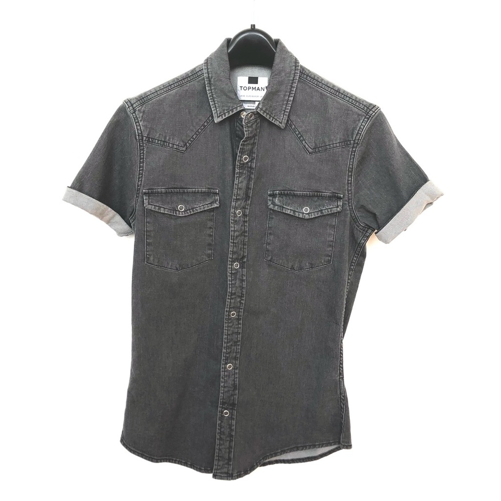 Top Man, X-Small, Black Stone Washed (to Mid Grey), Short Sleeved Western Shirt.
